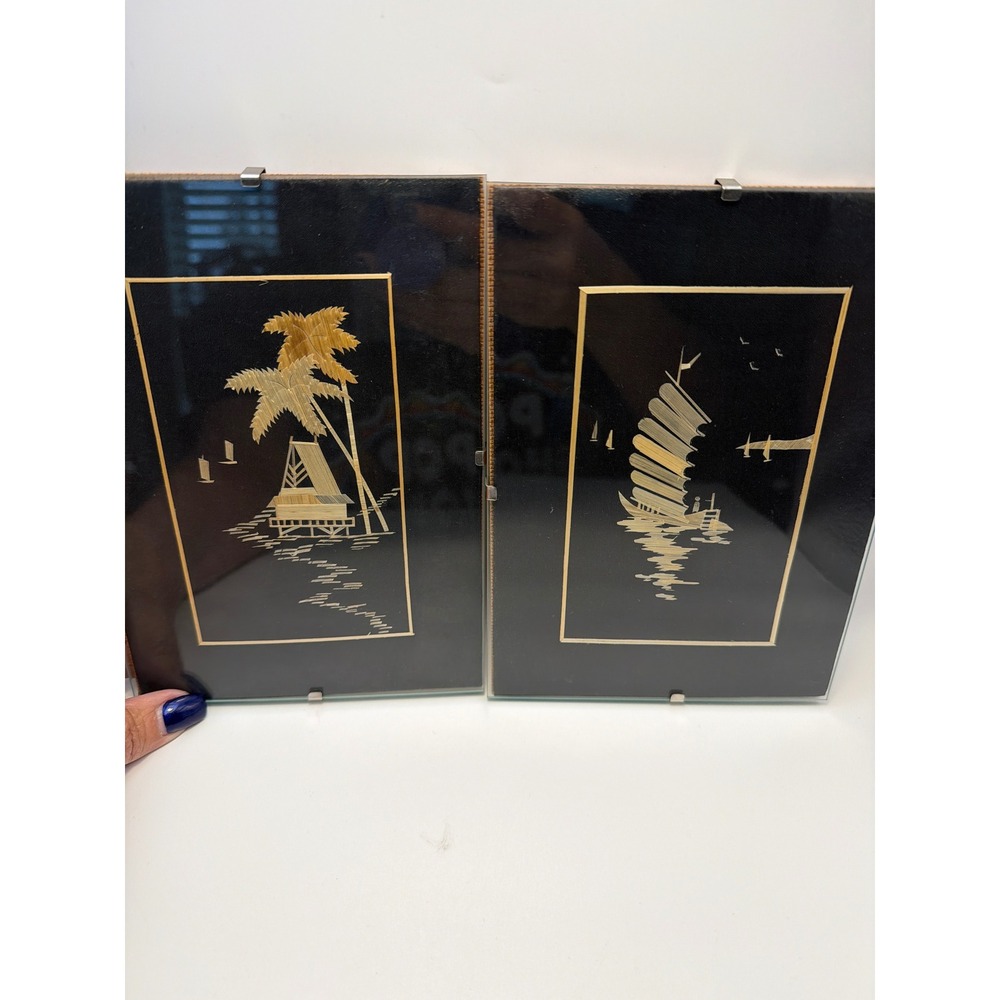 Vintage Vietnamese Wheat Straw Art Pair Tropical Junk Boat Palm Tree Clip Frame